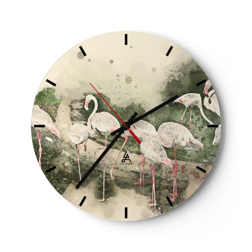 Wall clock - Clock on glass - A flock of flamingos in a peaceful, tropical setting - 30x30cm - Exotic Dream - Modern wall decoration for the living room, kitchen, and bedroom ARTTOR