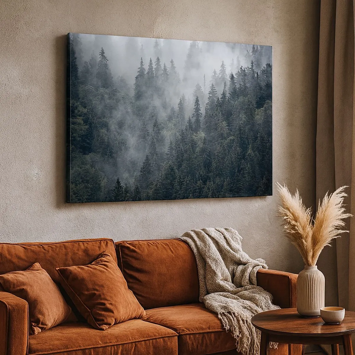 Canvas picture - Misty coniferous forest in shades of gray and green - 70x50cm - Forest World - Modern wall decoration for the living room and bedroom ARTTOR