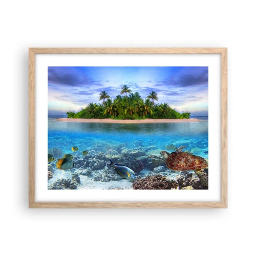 Poster in light oak frame - Heavenly Island Invites You - 50x40 cm