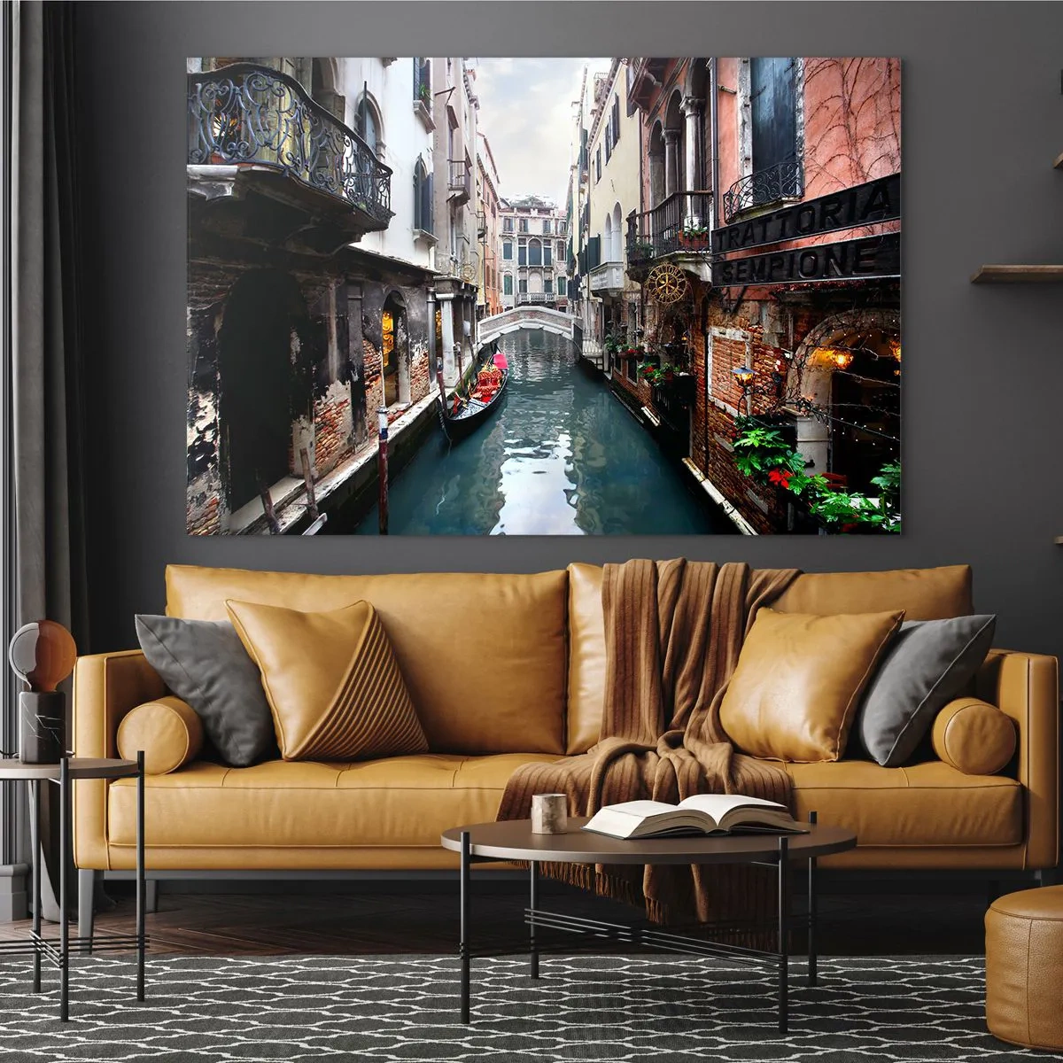 Glass picture - A Venetian canal with a gondola surrounded by historic buildings - 70x50cm - Venetian View with a Gondola and a Bridge - Modern wall decoration for the living room and bedroom ARTTOR