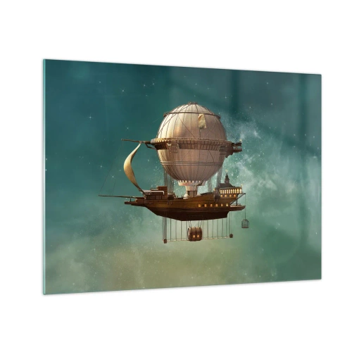 Glass picture - A flying airship with a retro-style house in the sky - 70x50cm - Greetings from Jules Verne - Modern wall decoration for the living room and bedroom ARTTOR