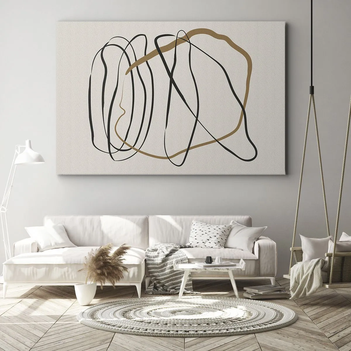 Canvas picture - Artistic lines in black and gold on a light background - 70x50cm - Composition - Dance of Possession - Modern wall decoration for the living room and bedroom ARTTOR
