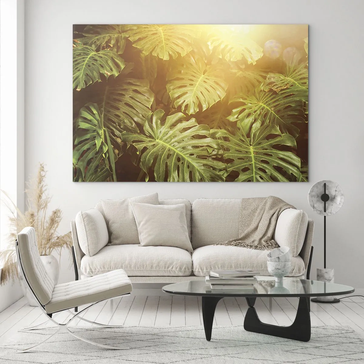 Glass picture - Green monstera leaves in the golden light of the tropical sun - 70x50cm - Walking into the Green - Modern wall decoration for the living room and bedroom ARTTOR
