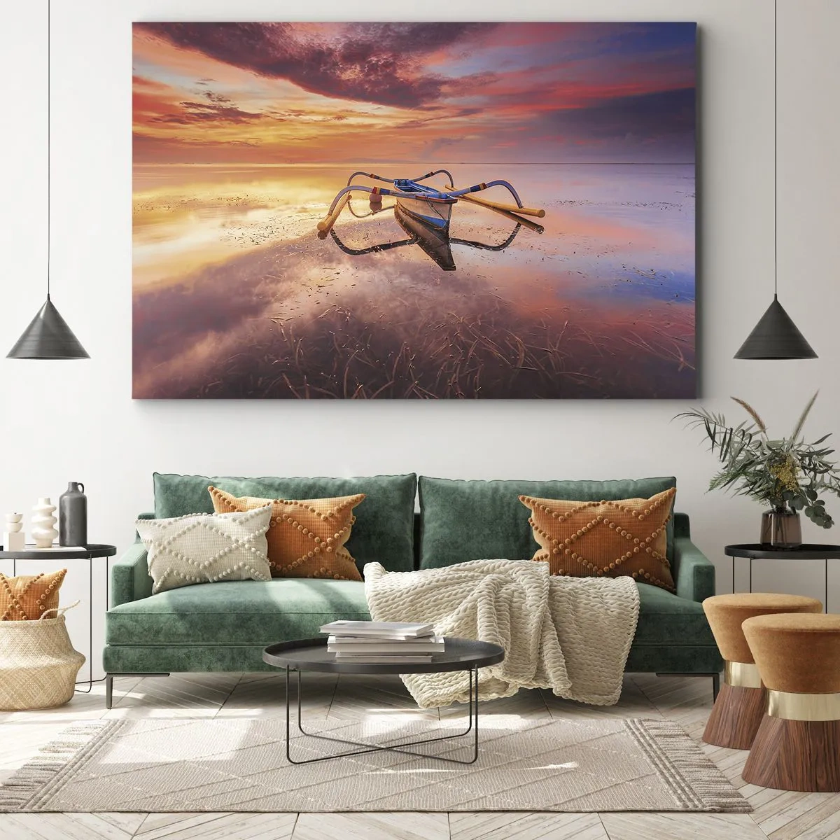 Canvas picture - A boat on calm water at sunset - 70x50cm - Tranquility of Tropical Evening - Modern wall decoration for the living room and bedroom ARTTOR
