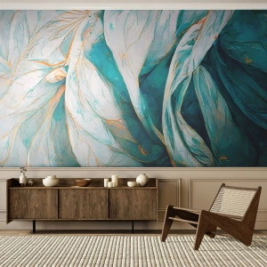 Photo Wallpaper Premium Canvas - Blue Abstract with a Golden Motif - Piece, Art Deco, Subtle - 250x175 cm