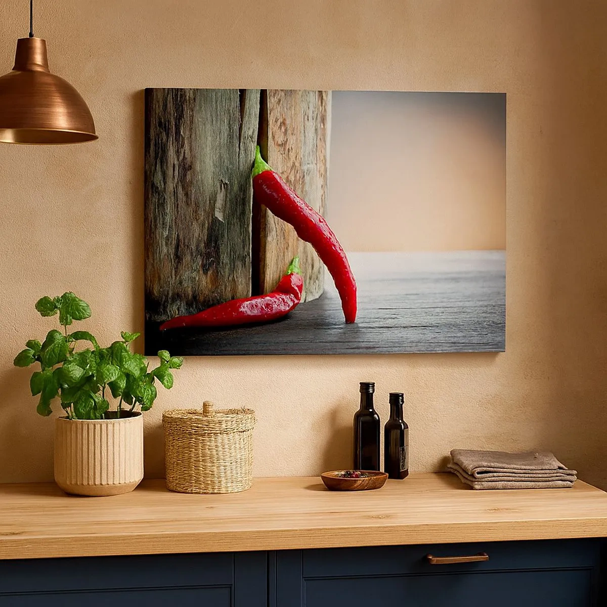 Canvas picture - Two red chili peppers on a wooden background with a rustic accent - 70x50cm - Red Hot Chilli Peppers - Modern wall decoration for the living room and bedroom ARTTOR