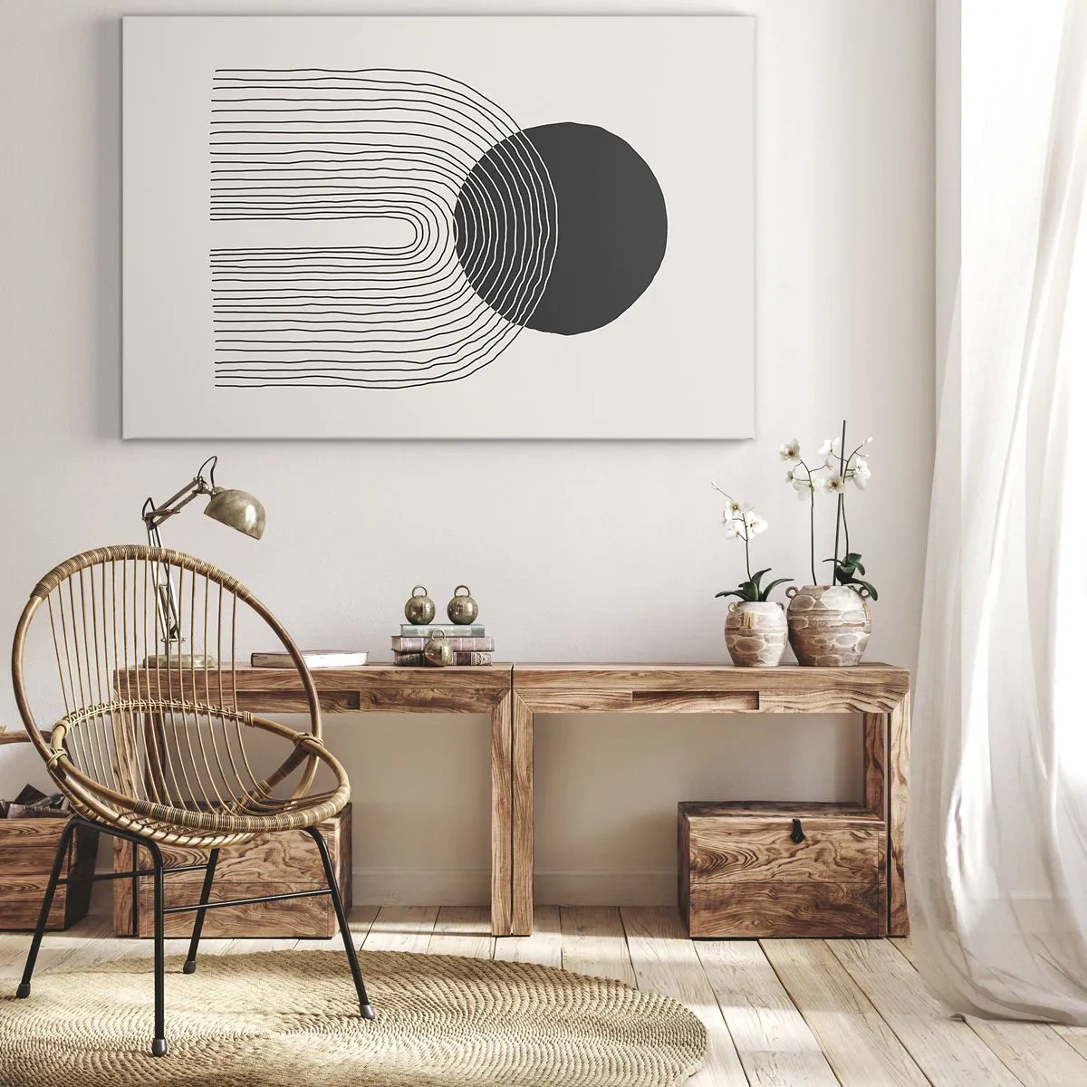 Canvas picture - Abstract pattern with lines and a black circle on a light background - 70x50cm - Trembling and Certainty - Modern wall decoration for the living room and bedroom ARTTOR