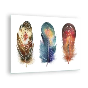 Glass picture - Three colorful feathers with ethnic patterns - 70x50cm - Rituals, Customs, Secrets - Modern wall decoration for the living room and bedroom ARTTOR