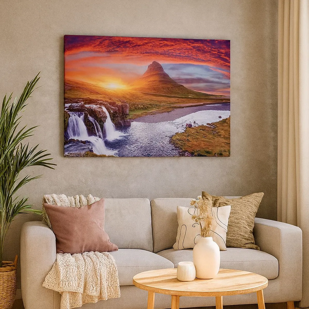 Canvas picture - Mountain scenery with a waterfall at sunset - 70x50cm - View of Middle-Earth - Modern wall decoration for the living room and bedroom ARTTOR