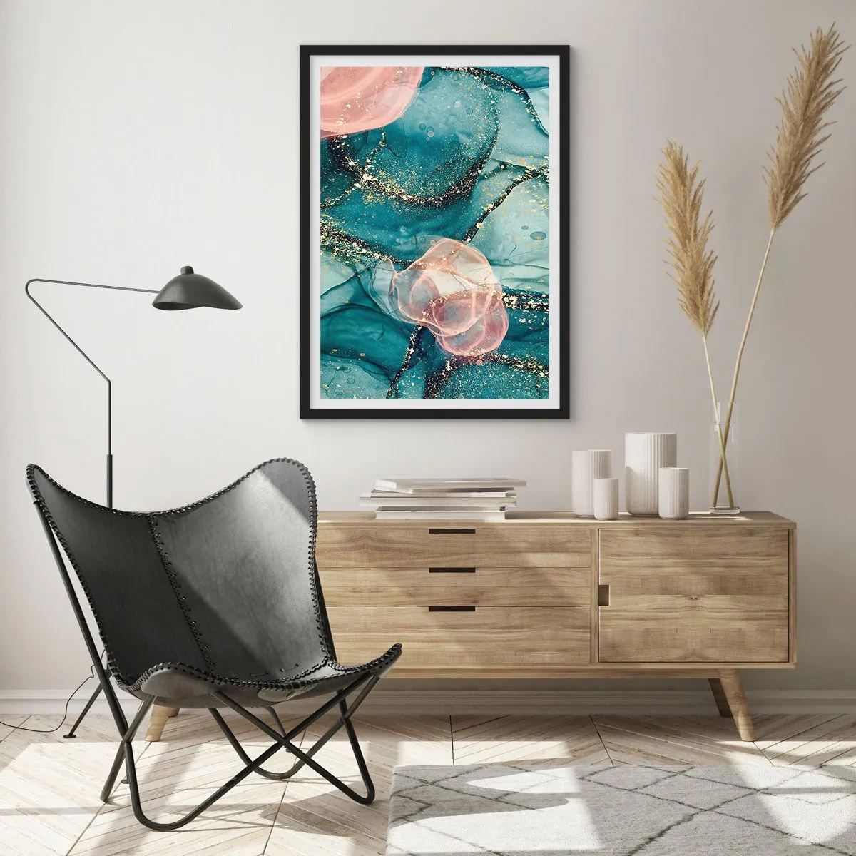 Poster in black frame - An abstract composition in shades of turquoise and gold. - 50x70cm - Silm Blue, Tulle Pink - Modern wall decoration for the living room and bedroom ARTTOR