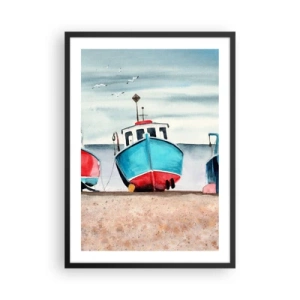 Poster in black frame - Painterly blue fishing boats on the shore - 50x70cm - Ready for Fishing - Modern wall decoration for the living room and bedroom ARTTOR
