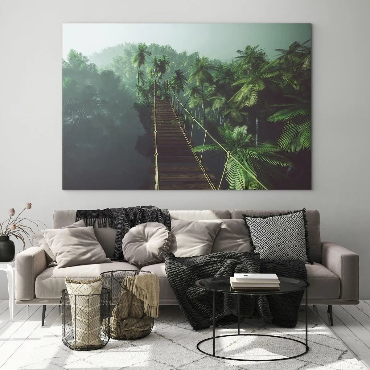 Glass picture - A rope bridge in the jungle surrounded by palm trees - 70x50cm - Hanging Bridge in the Green - Modern wall decoration for the living room and bedroom ARTTOR