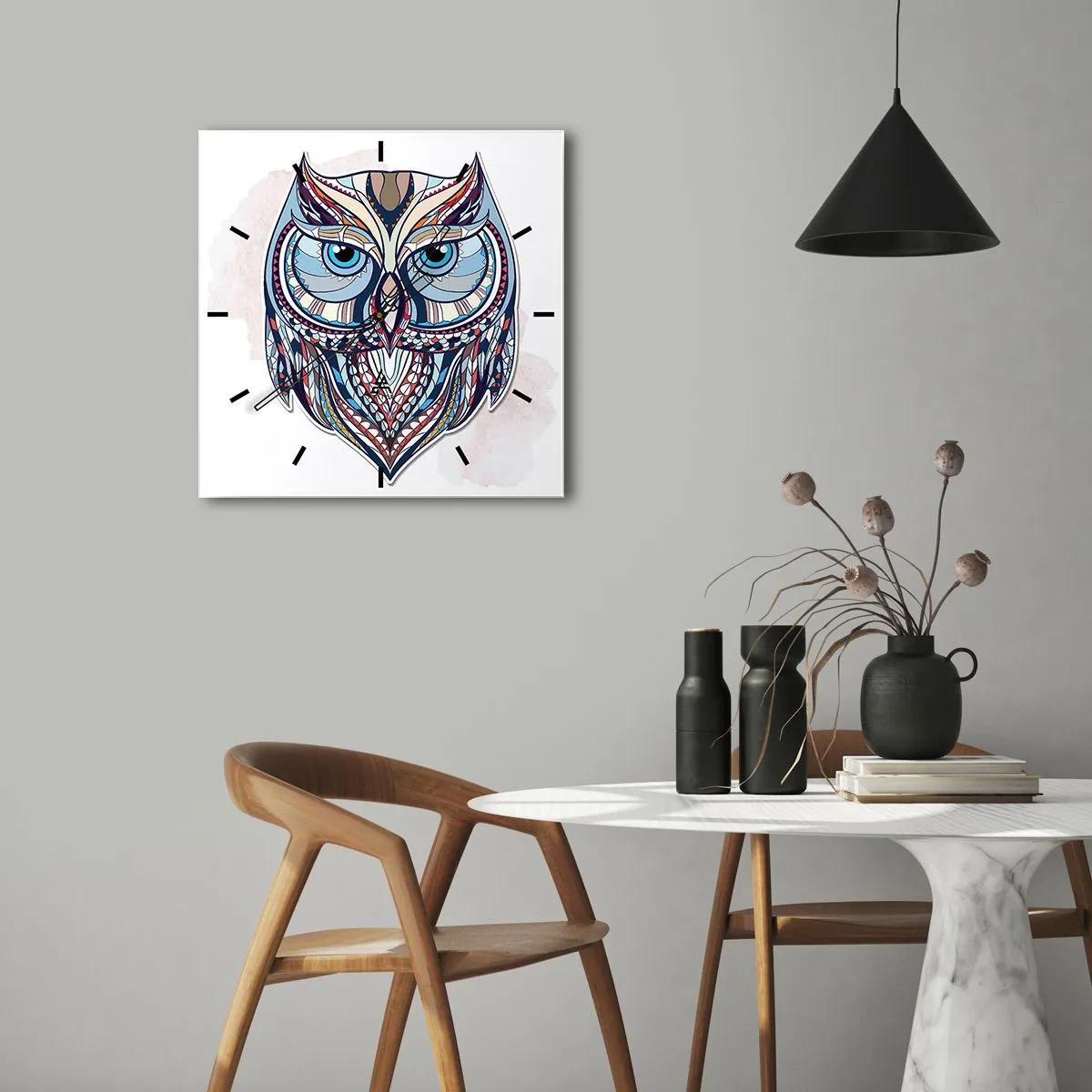 Wall clock - Clock on glass - Ornamental Owl - 40x40 cm