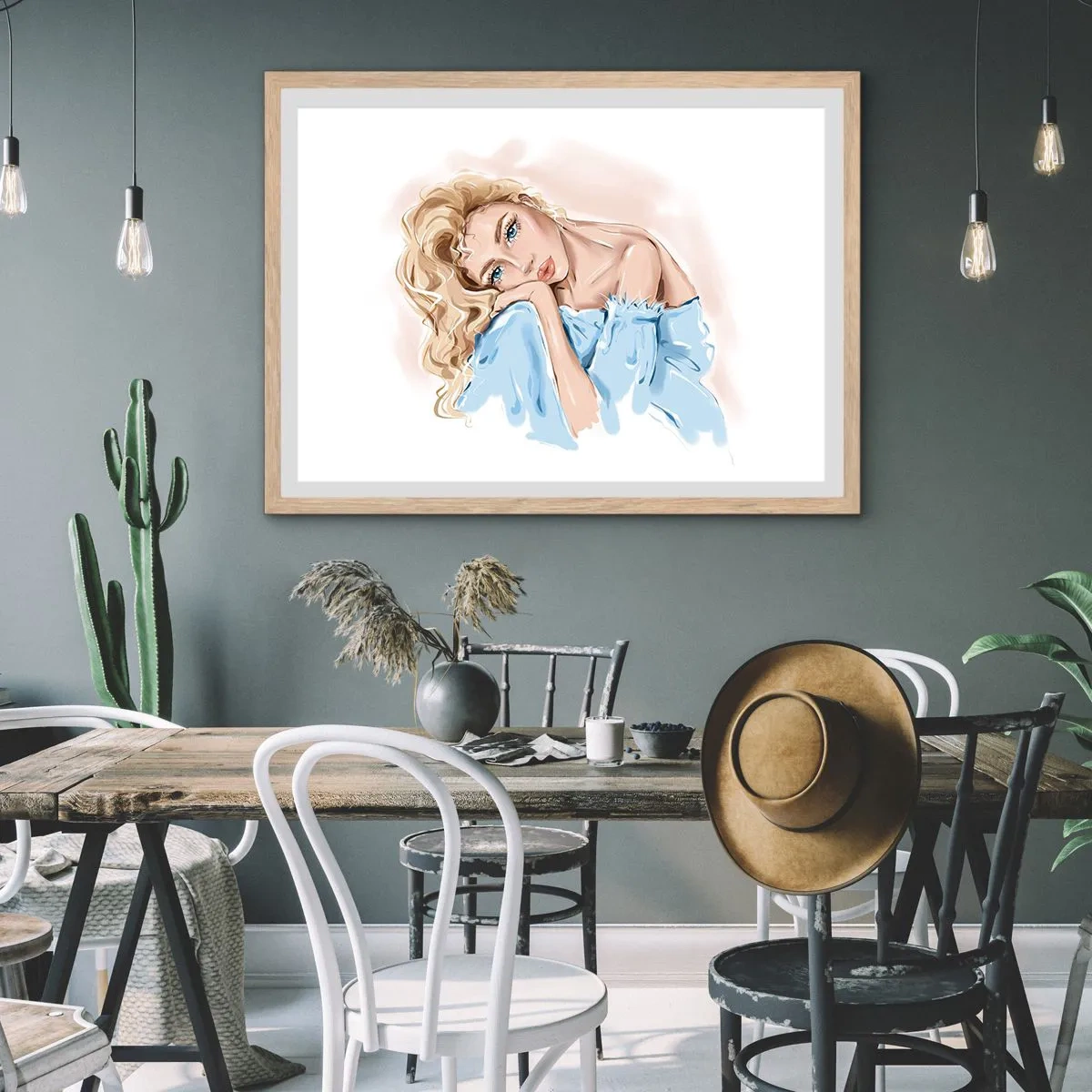 Poster in light oak frame - Dreamy in Blue - 70x50 cm
