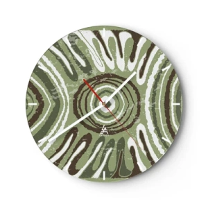 Wall clock - Clock on glass - Green and brown symmetrical composition with concentric patterns - 30x30cm - Explosion of Emotions - Modern wall decoration for the living room, kitchen, and bedroom ARTTOR