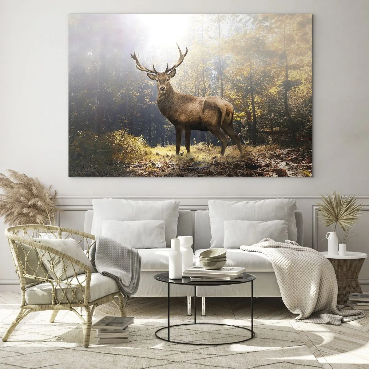 Glass picture - A stately deer in a sunlit autumn forest - 70x50cm - In Full Majesty - Modern wall decoration for the living room and bedroom ARTTOR