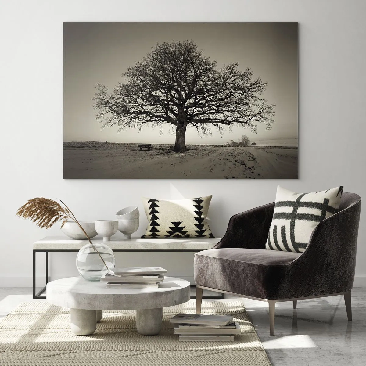 Glass picture - A lonely tree in a monochromatic landscape - 70x50cm - From Here to Eternity - Modern wall decoration for the living room and bedroom ARTTOR
