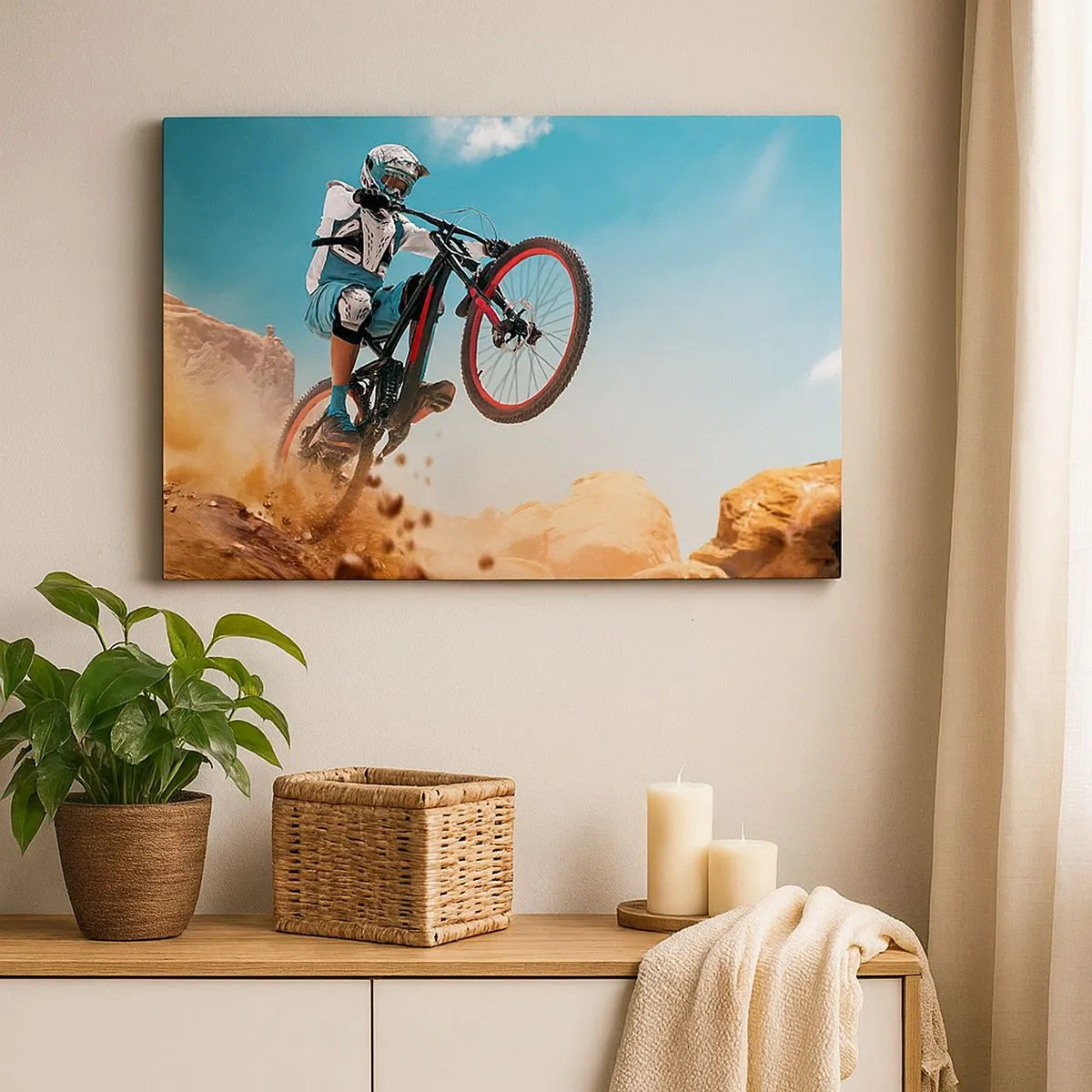 Canvas picture - A mountain biker performs a jump against a backdrop of rocks - 70x50cm - Madness on Wheels - Modern wall decoration for the living room and bedroom ARTTOR