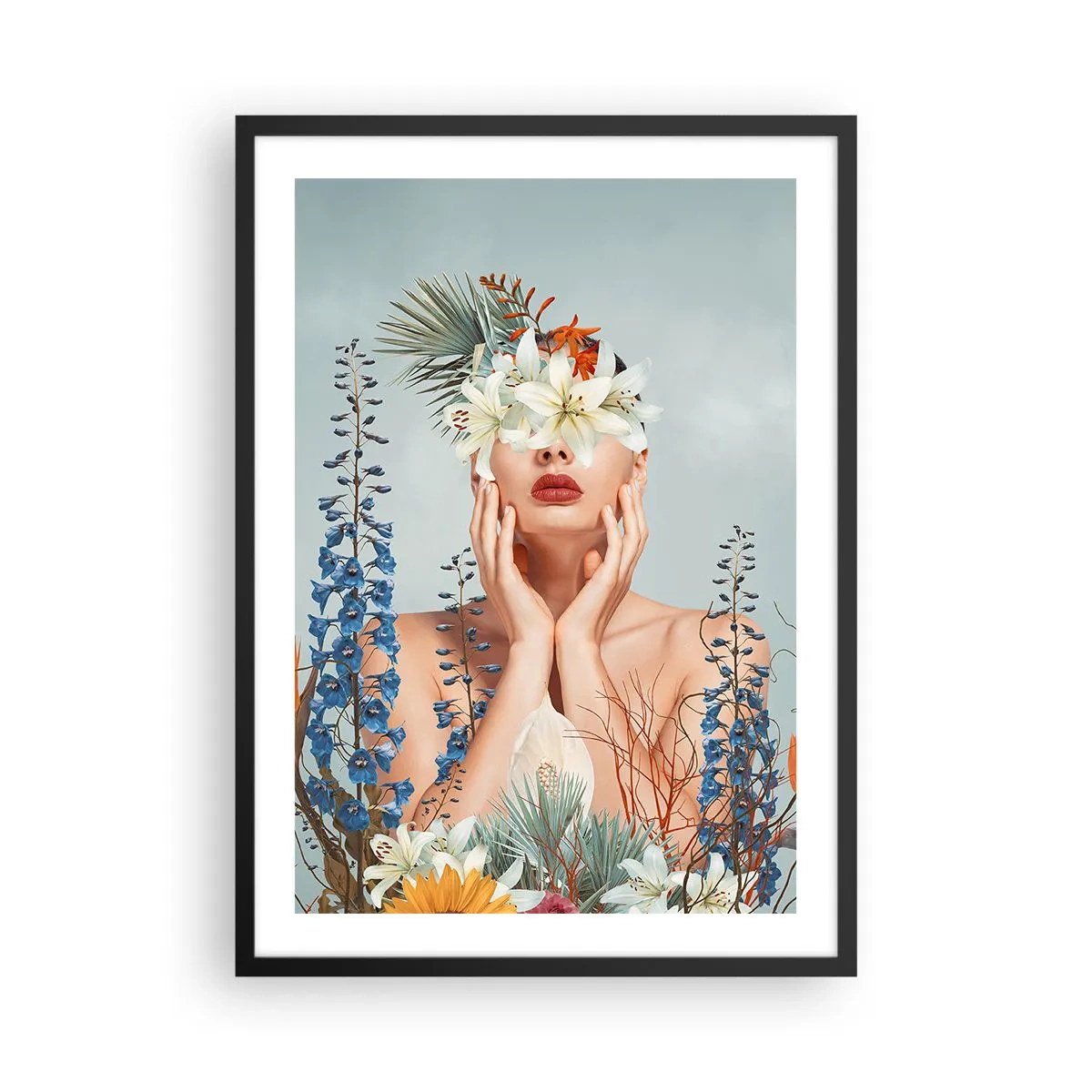 Poster in black frame - A woman surrounded by flowers in a surreal composition - 50x70cm - Woman – Flower - Modern wall decoration for the living room and bedroom ARTTOR