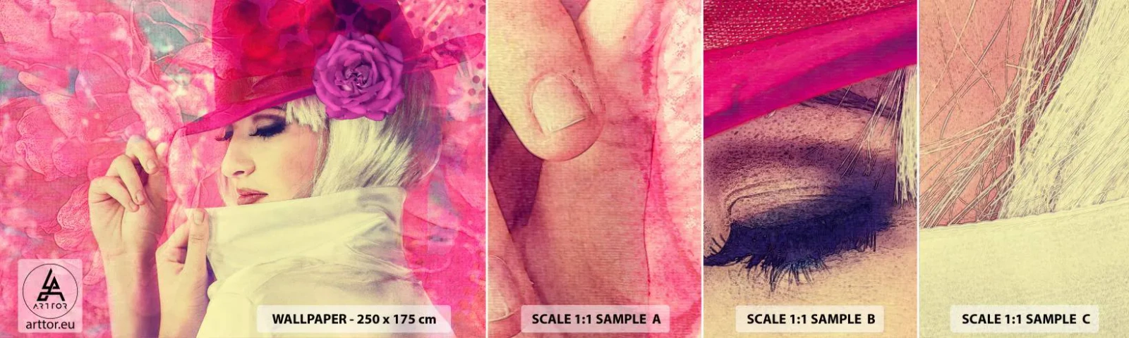 Photo Wallpaper Sample Self-Adhesive Deluxe Sticker - Retro Portrait in Pink - Woman In A Hat, Flowers, Fashion - 100x30 cm