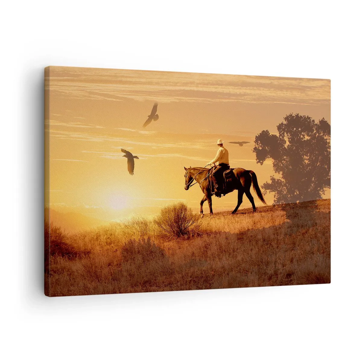 Canvas picture - A rider on a horse at sunset against the prairie - 70x50cm - Alone through the Prairie - Modern wall decoration for the living room and bedroom ARTTOR