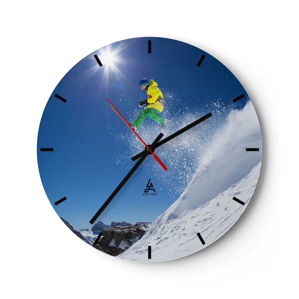 Wall clock - Clock on glass - A skier performing a jump with mountains in the background - 30x30cm - Dancing with the Mountains - Modern wall decoration for the living room, kitchen, and bedroom ARTTOR
