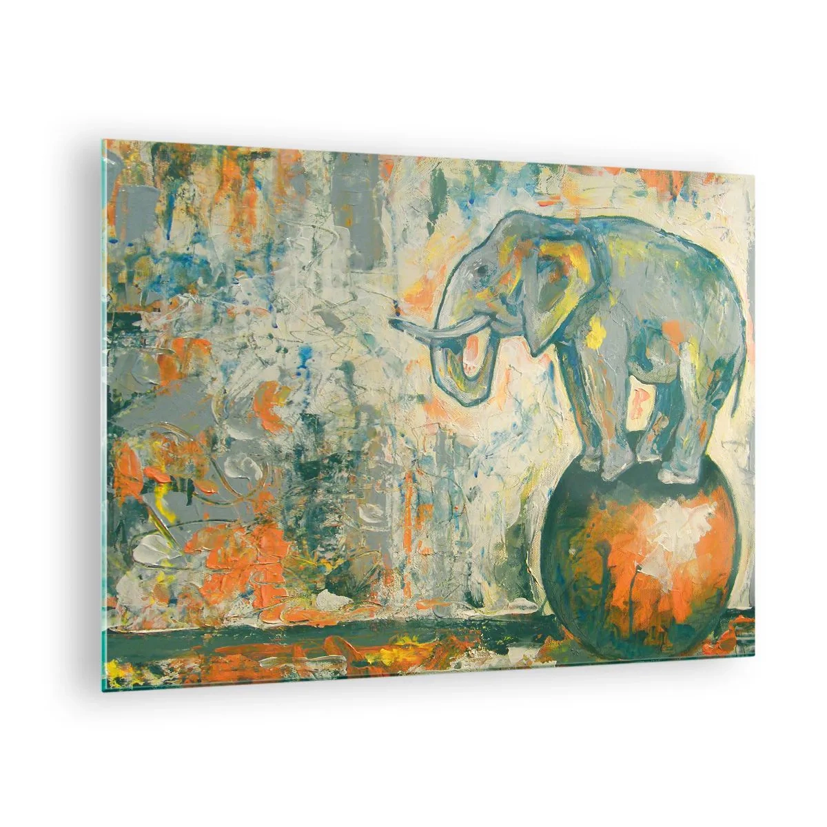 Glass picture - Abstract elephant balancing on a ball - 70x50cm - Long Live the Circus! - Modern wall decoration for the living room and bedroom ARTTOR