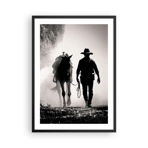 Poster in black frame - Silhouette of a cowboy with his horse in the morning fog - 50x70cm - Texan Morning - Modern wall decoration for the living room and bedroom ARTTOR