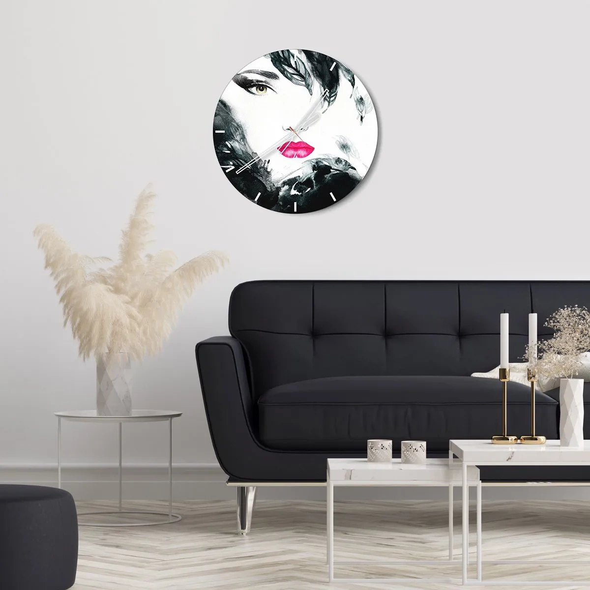 Wall clock - Clock on glass - Artistic portrait of a woman with expressive lips and eyes - 30x30cm - Watch out for Femme Fatale! - Modern wall decoration for the living room, kitchen, and bedroom ARTTOR