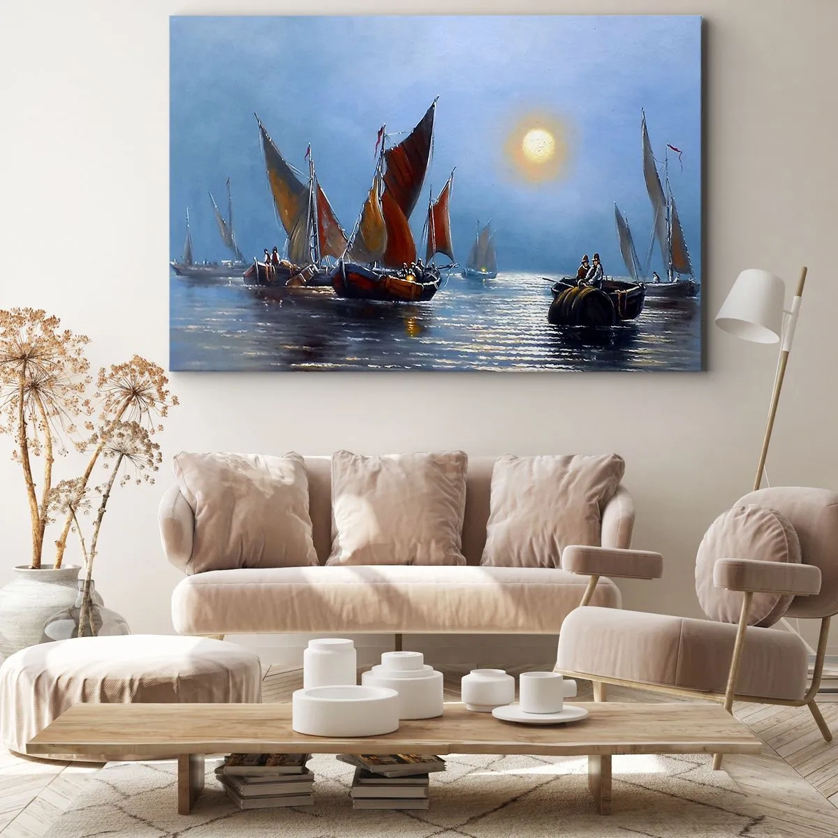 Canvas picture - Boats with sails on calm water at sunset - 70x50cm - Night Hunt - Modern wall decoration for the living room and bedroom ARTTOR