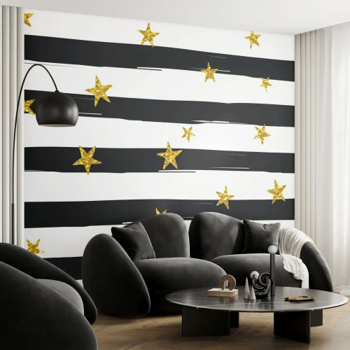 Photo Wallpaper Premium Canvas - We Have All Been Born Under a Lucky Star - Graphics, Gold Star, Black and White Stripes - 500x350 cm