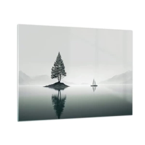 Glass picture - A lone tree on an island and a sailboat on a calm lake - 70x50cm - Daydreaming - Modern wall decoration for the living room and bedroom ARTTOR