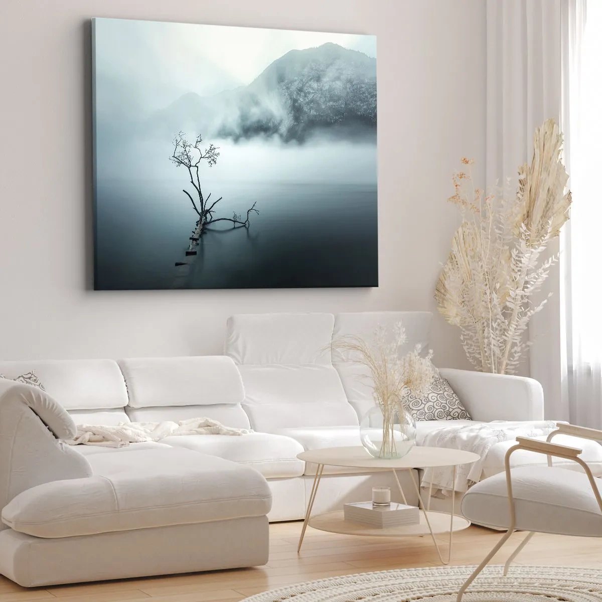 Canvas picture - A lonely tree in the water surrounded by fog and mountains - 70x50cm - From Water and Fog - Modern wall decoration for the living room and bedroom ARTTOR