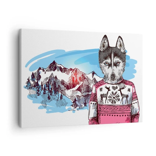 Canvas picture - A wolf in a winter sweater against a mountain landscape - 70x50cm - Wolf in Sheep's Skin - Modern wall decoration for the living room and bedroom ARTTOR