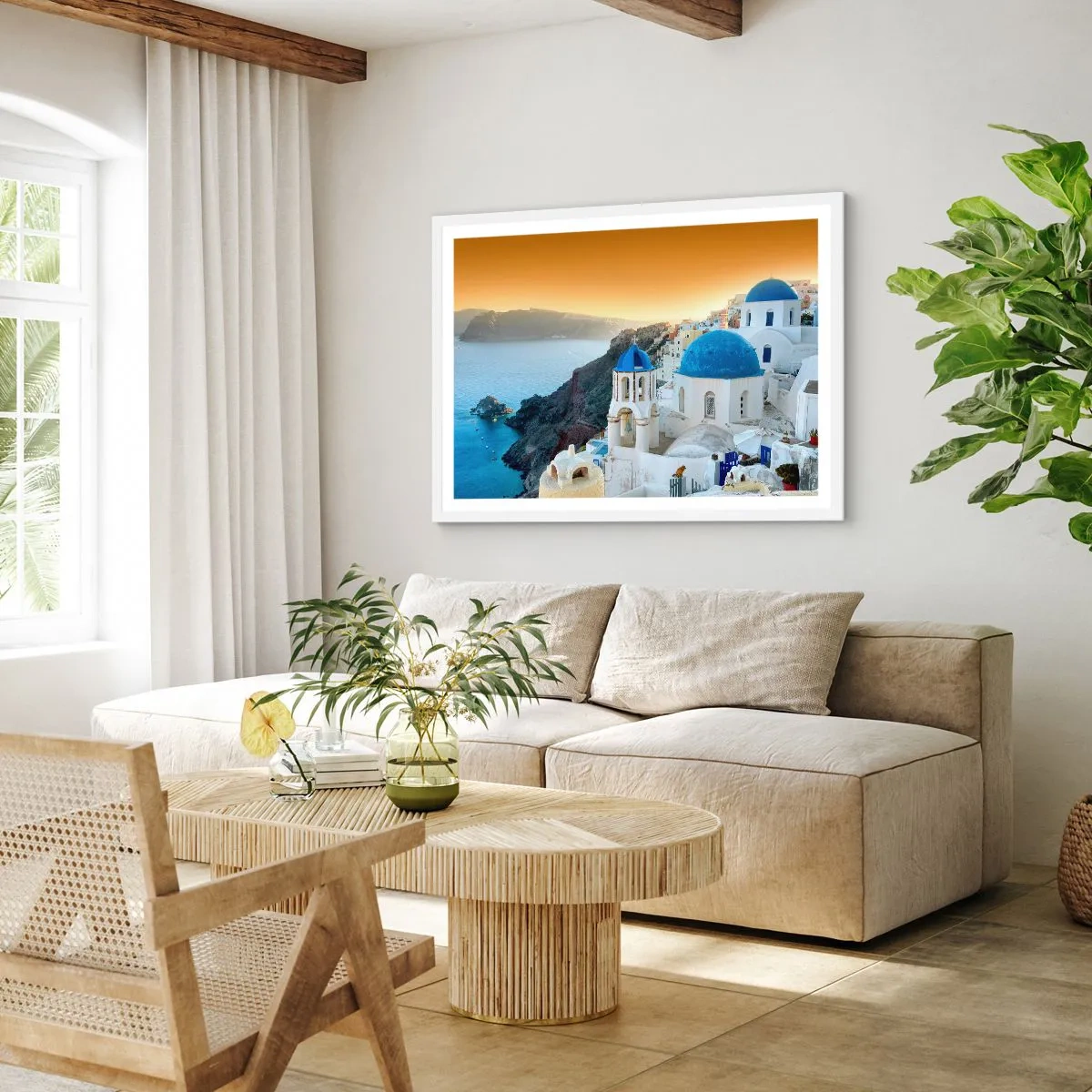 Poster in white frmae - Santorini - Snuggling up to the Rocks - 50x40 cm