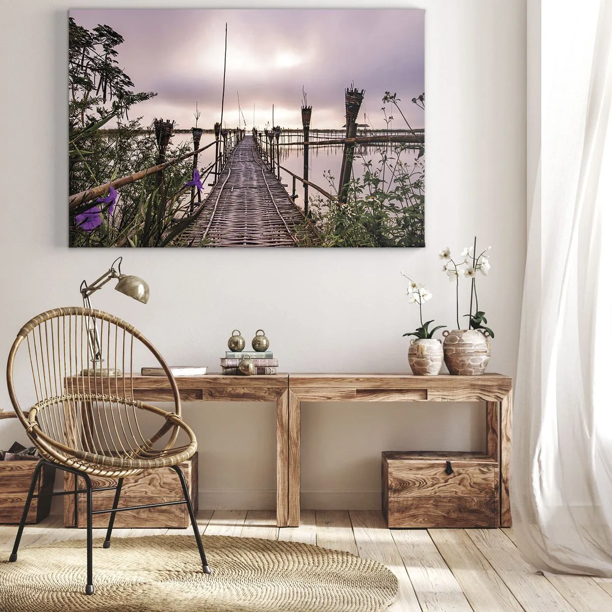 Canvas picture - Bamboo bridge over the water at dawn - 70x50cm - Peace and Quiet of Asia - Modern wall decoration for the living room and bedroom ARTTOR