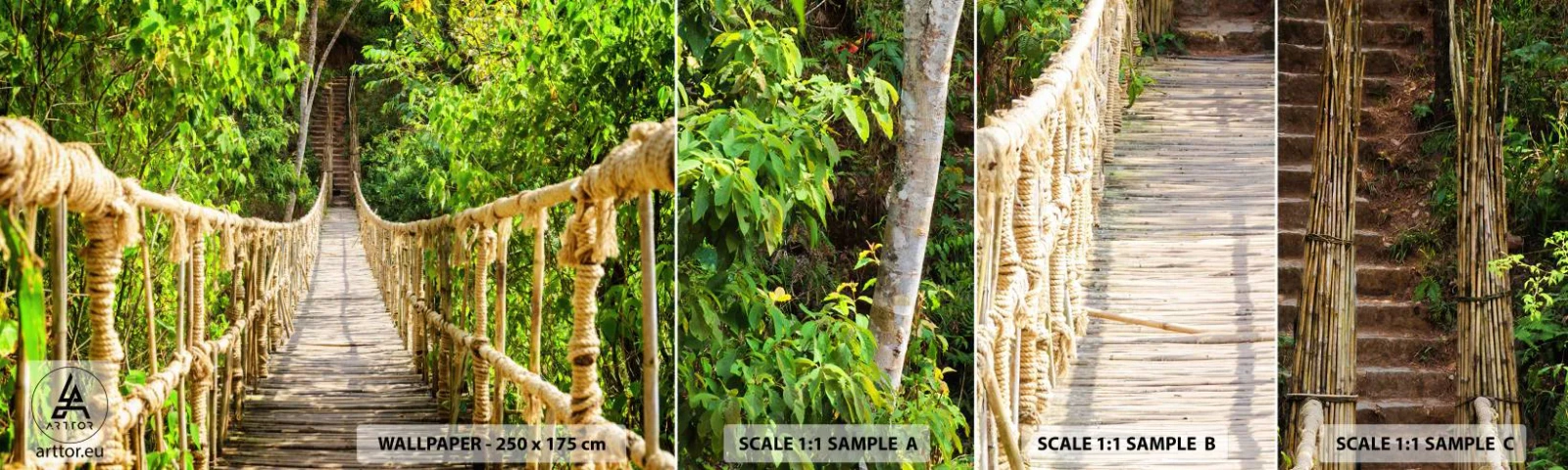 Photo Wallpaper Sample Self-Adhesive Deluxe Sticker - Suspended in Green - Jungle, Rope Bridge, Nature - 100x30 cm