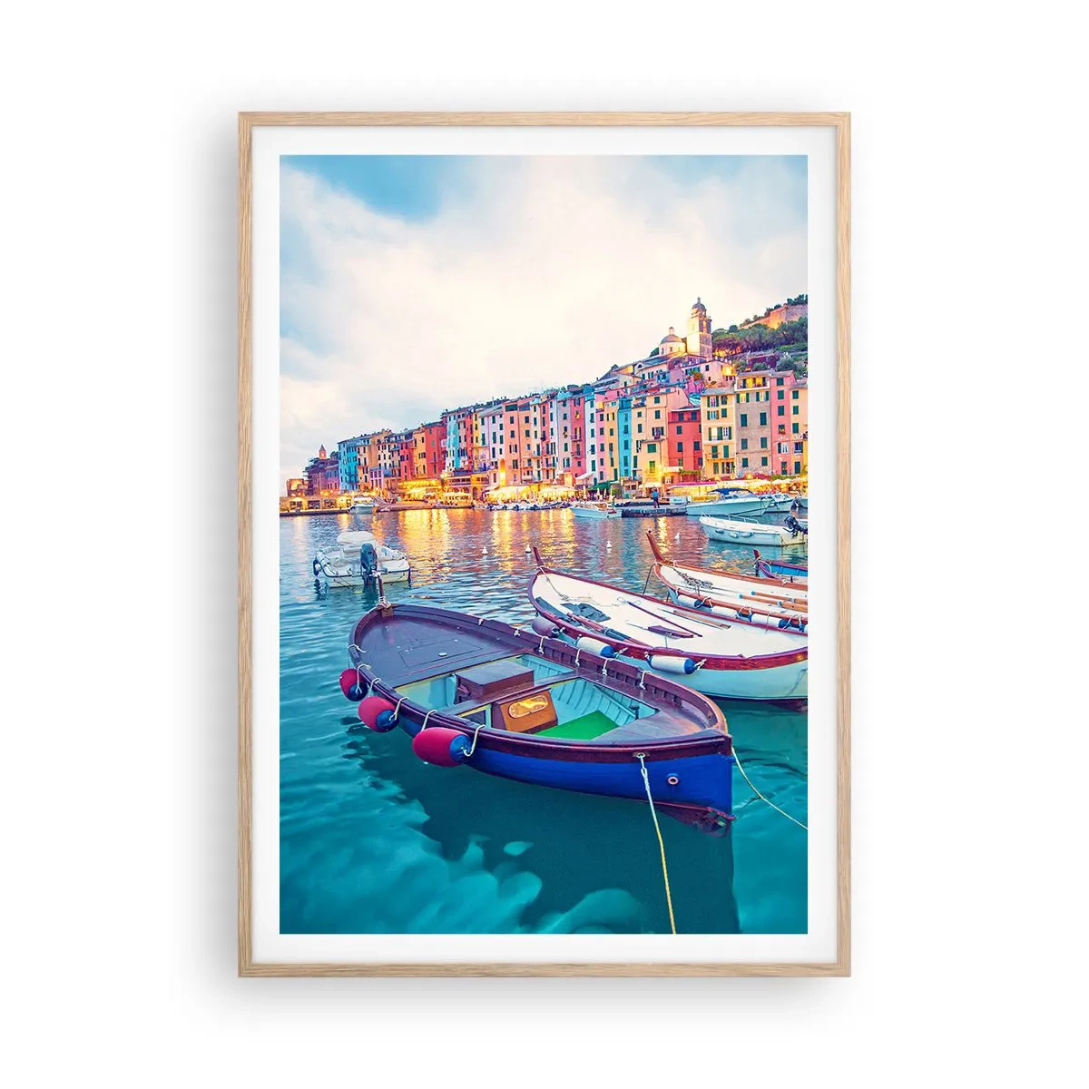 Poster in light oak frame - Colourful Evening in a Port - 70x100 cm