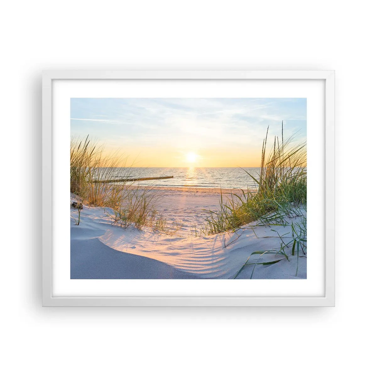 Poster in white frmae - Sound of the Sea, Singing of the Birds, Wild Beach among Grass - 50x40 cm