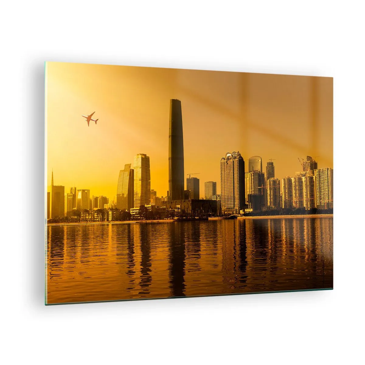 Glass picture - A modern city with skyscrapers at sunset - 70x50cm - Golden City - Modern wall decoration for the living room and bedroom ARTTOR