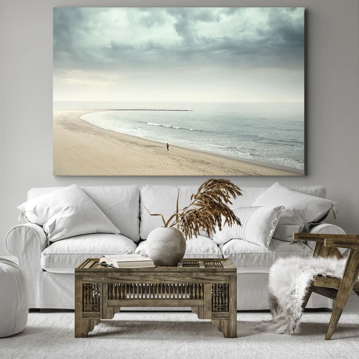 Canvas picture - A lonely figure on a deserted beach by a calm sea - 70x50cm - In Search of Quiet - Modern wall decoration for the living room and bedroom ARTTOR