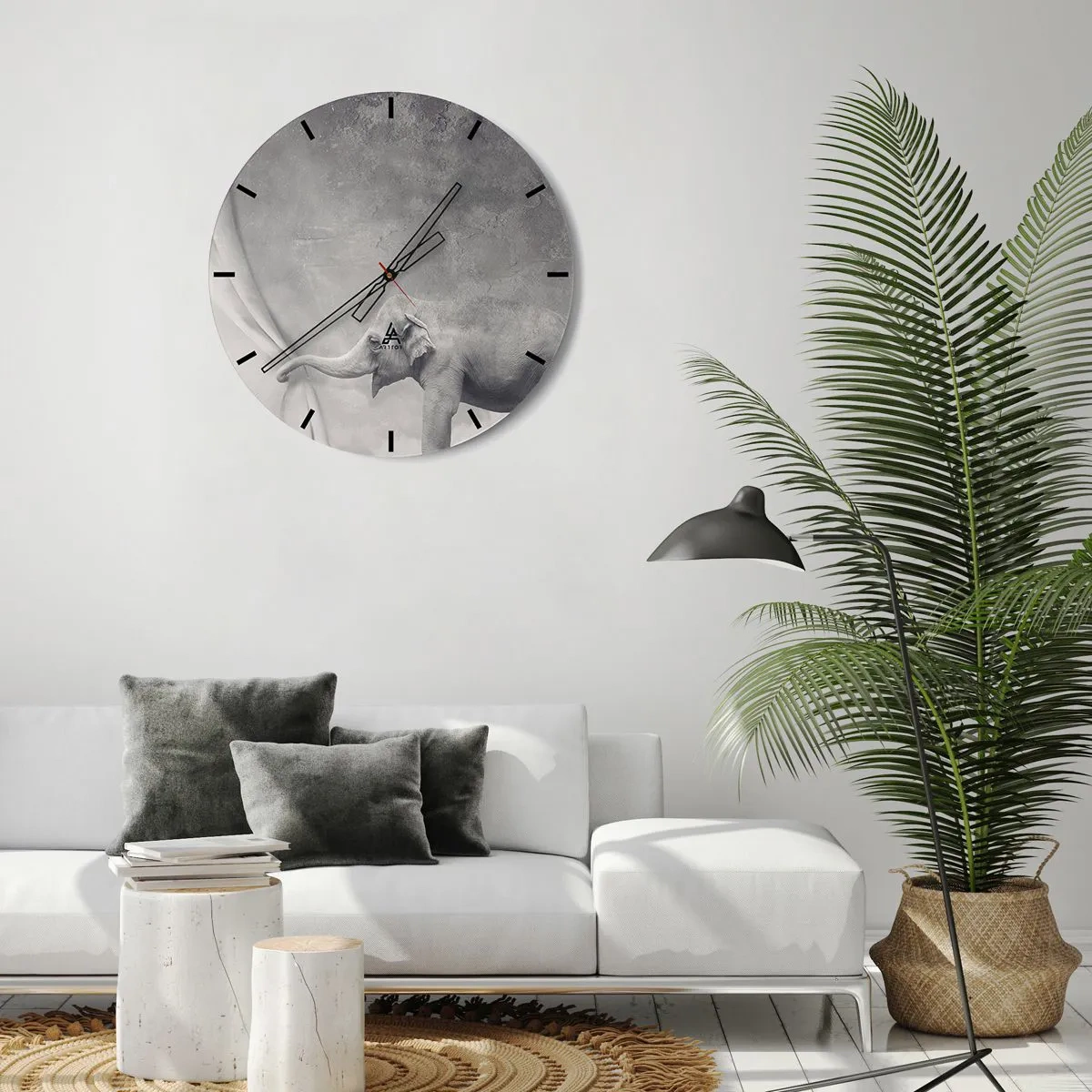 Wall clock - Clock on glass - An elephant against the background of a gray, minimalist composition - 30x30cm - Uncover the Secret - Modern wall decoration for the living room, kitchen, and bedroom ARTTOR