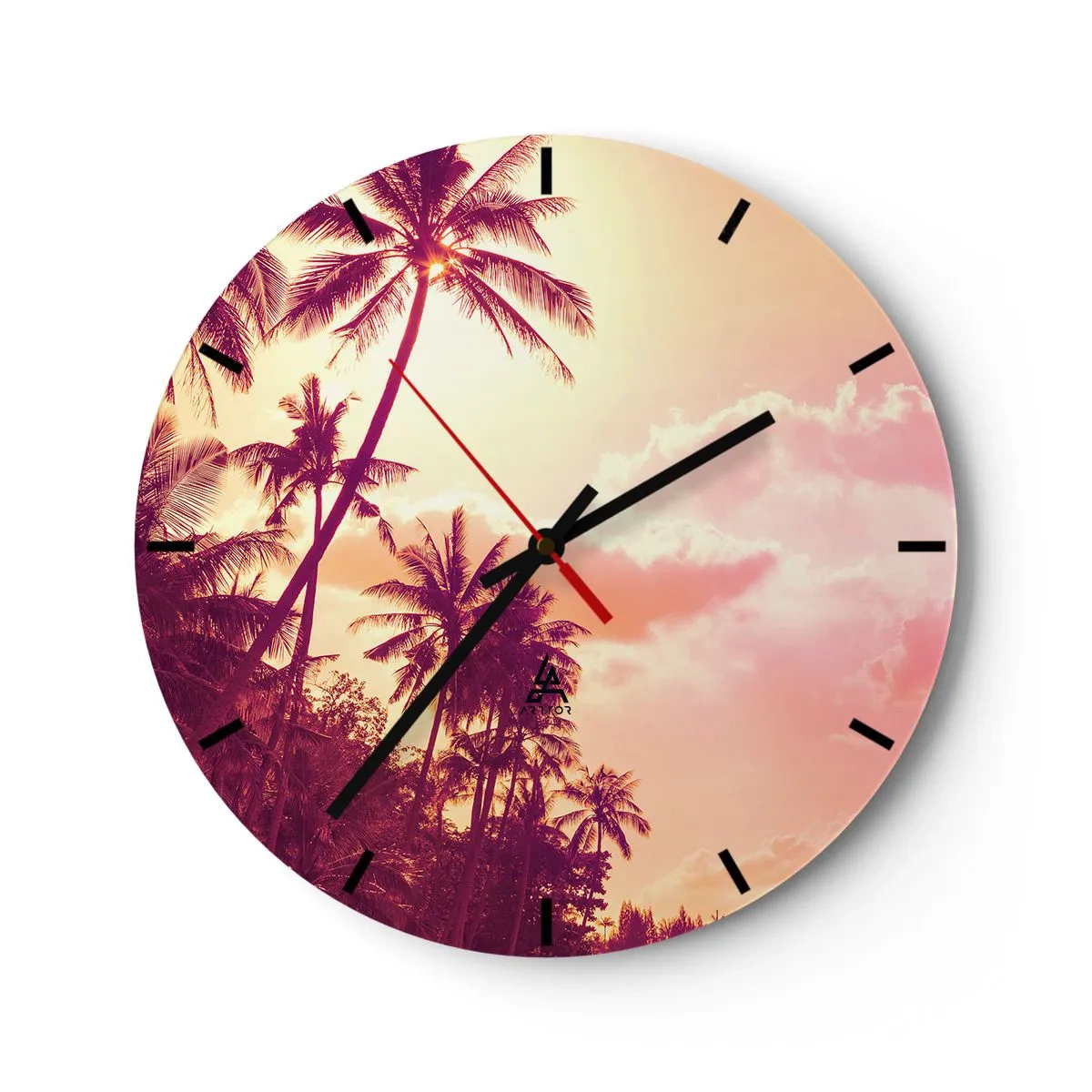 Wall clock - Clock on glass - Palm trees against the sky at sunset - 30x30cm - You Have to Choose - Modern wall decoration for the living room, kitchen, and bedroom ARTTOR