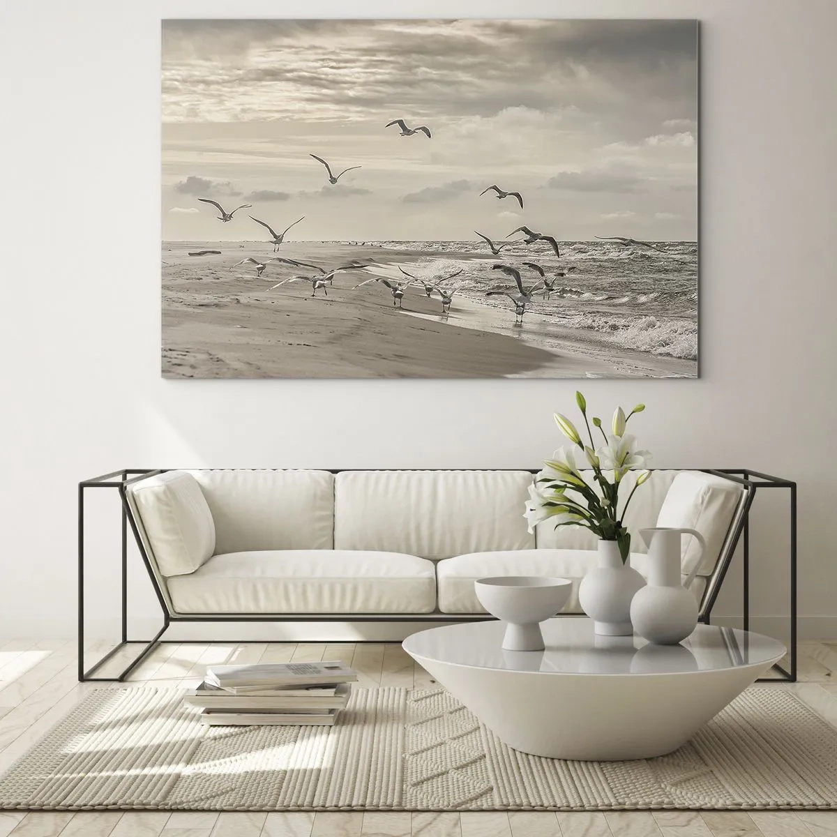 Glass picture - Birds on the seashore at dawn in sepia tones - 70x50cm - Sound of the Sea, Singing of the Birds - Modern wall decoration for the living room and bedroom ARTTOR
