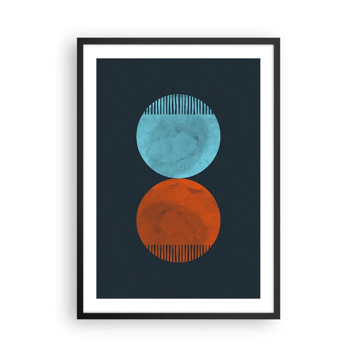 Poster in black frame - Two circles – blue and orange on a navy blue background - 50x70cm - Only Geometry? - Modern wall decoration for the living room and bedroom ARTTOR