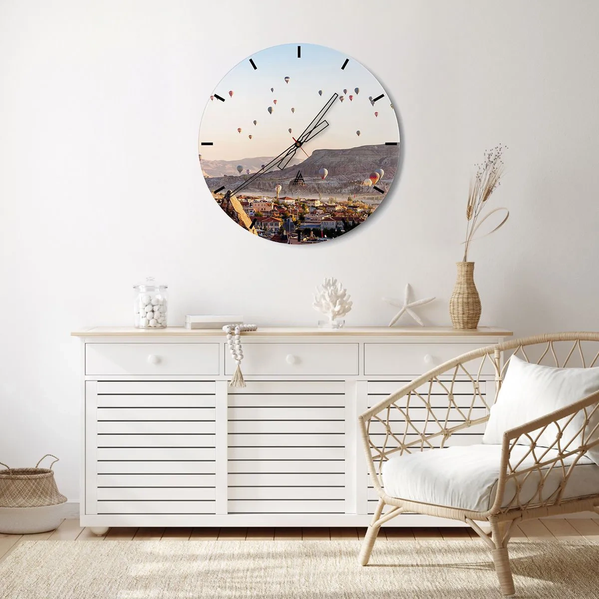 Wall clock - Clock on glass - Balloons floating over Cappadocia in the morning - 30x30cm - Like Ships in the Sky - Modern wall decoration for the living room, kitchen, and bedroom ARTTOR
