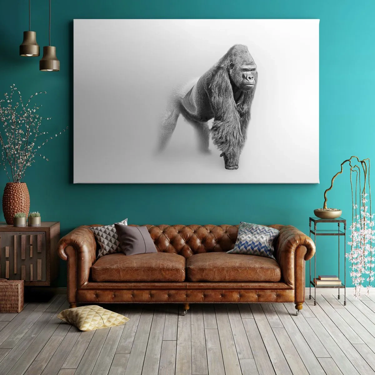 Canvas picture - Gorilla in monochrome tones on a white background - 70x50cm - Certain of Its Strength - Modern wall decoration for the living room and bedroom ARTTOR