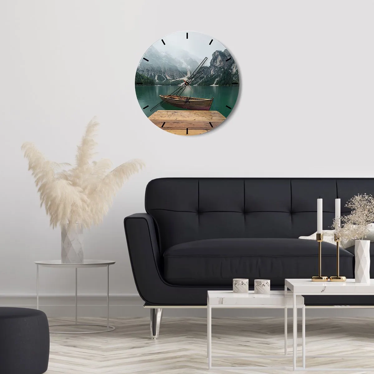 Wall clock - Clock on glass - A wooden boat on a lake surrounded by mountains - 30x30cm - Boat Found Solitude - Modern wall decoration for the living room, kitchen, and bedroom ARTTOR