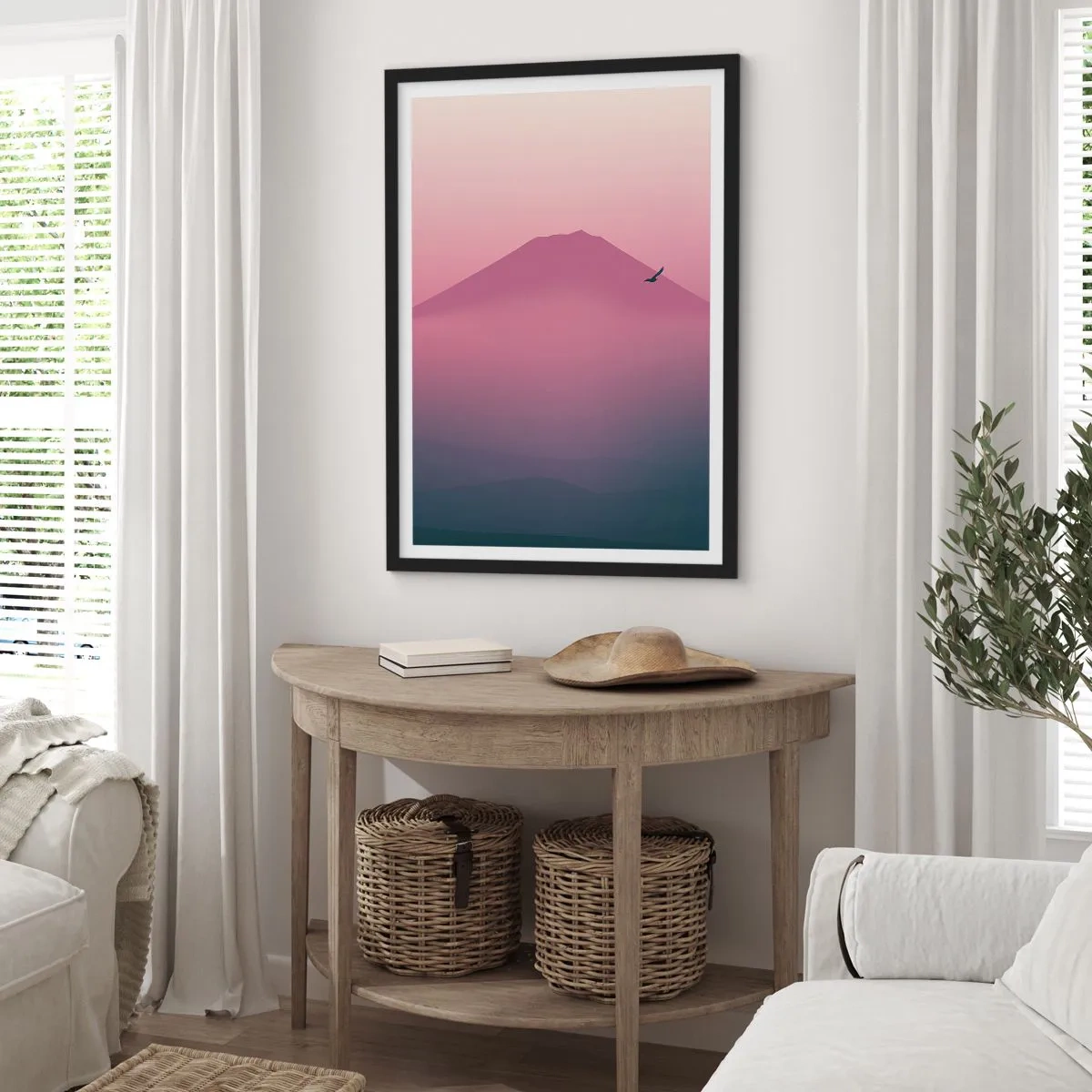 Poster in black frame - A minimalist mountain landscape in shades of pink and purple - 50x70cm - Wanderers above Clouds - Modern wall decoration for the living room and bedroom ARTTOR