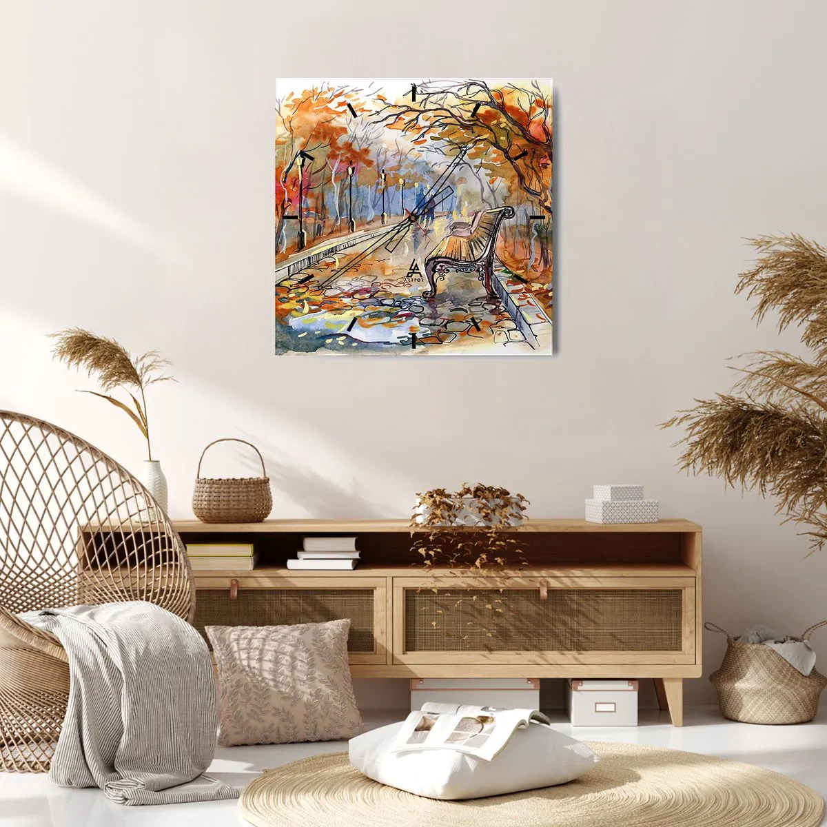 Wall clock - Clock on glass - Walking together into Autumn - 30x30 cm